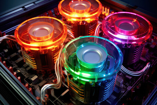 TPU (Tensor processing unit) Chip and Circuit Board with colored cooling liquid pipes