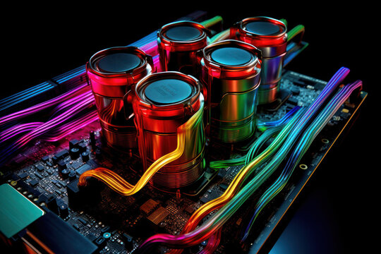 TPU (Tensor processing unit) Chip and Circuit Board with colored cooling liquid pipes