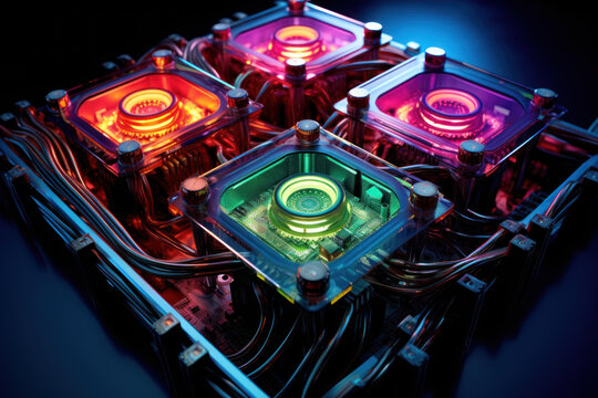 TPU (Tensor processing unit) Chip and Circuit Board with colored cooling liquid pipes