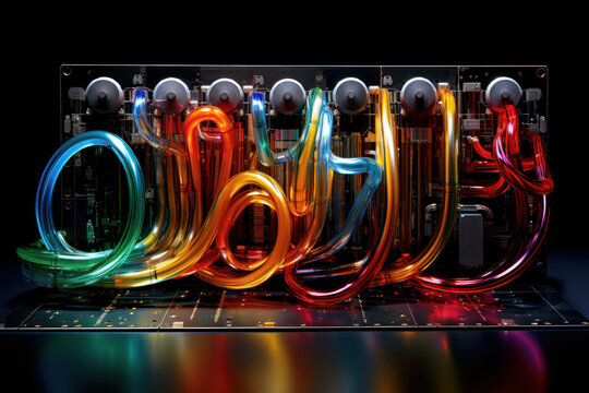 TPU (Tensor processing unit) Chip and Circuit Board with colored cooling liquid pipes