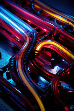 TPU (Tensor processing unit) Chip and Circuit Board with colored cooling liquid pipes