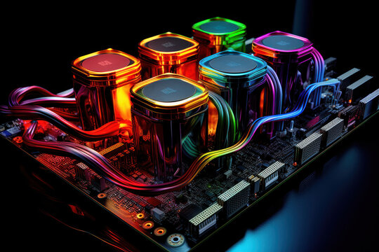 TPU (Tensor processing unit) Chip and Circuit Board with colored cooling liquid pipes