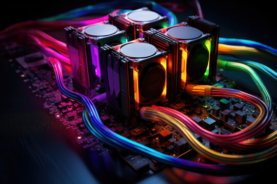 TPU (Tensor processing unit) Chip and Circuit Board with colored cooling liquid pipes