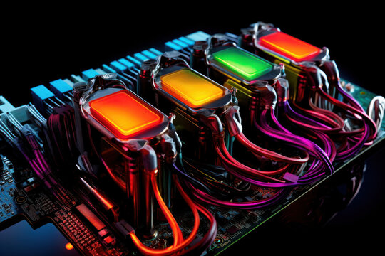 TPU (Tensor processing unit) Chip and Circuit Board with colored cooling liquid pipes
