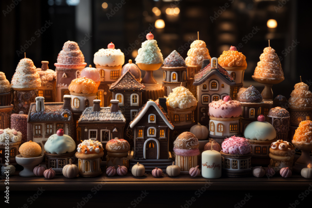 Aufkleber cakes with gingerbread houses image generative ai technology.