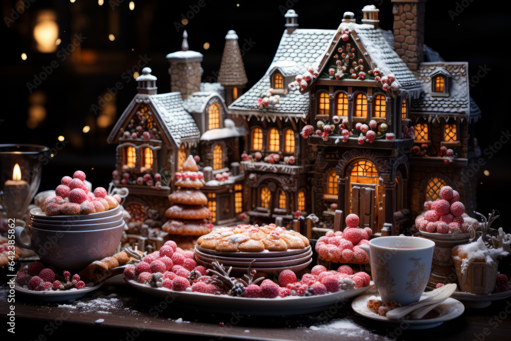 Aufkleber cakes with gingerbread houses image generative ai technology.