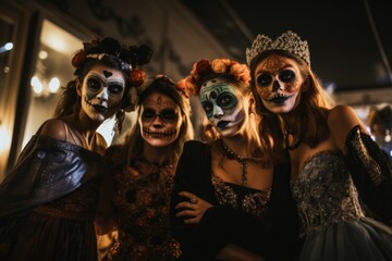 A group of friends wearing elaborate and unique costumes, posing together at a Halloween party.The fun and social aspect of Halloween celebrations. Generative AI.