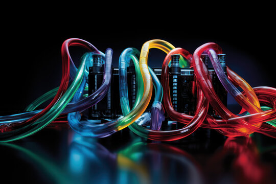 TPU (Tensor processing unit) Chip and Circuit Board with colored cooling liquid pipes