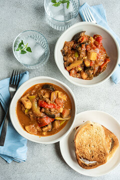 Traditional seasonal Georgian dish - Adjapsandali, is stewed vegetables like potato, bell peppers, tomato, egg plant, coriander and Georgian spices.