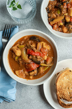 Traditional seasonal Georgian dish - Adjapsandali, is stewed vegetables like potato, bell peppers, tomato, egg plant, coriander and Georgian spices.