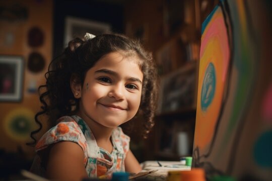 A smiling cheerful curly Hispanic girl painting on a canvas. Painting lesson. Hobby. Generative AI