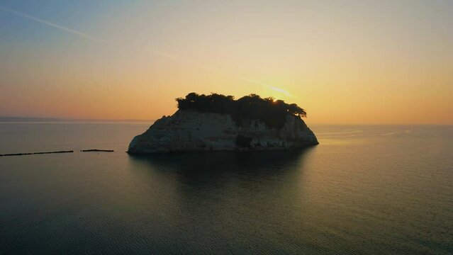 見附島（軍艦島）Drone photography of Mitsukejima (Gunkanjima), a famous landmark in Suzu City, Ishikawa Prefecture.