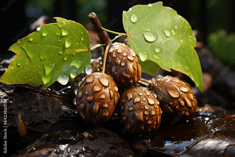 Aufkleber acorns resting on a fall leaf in autumn, generative ai technology.