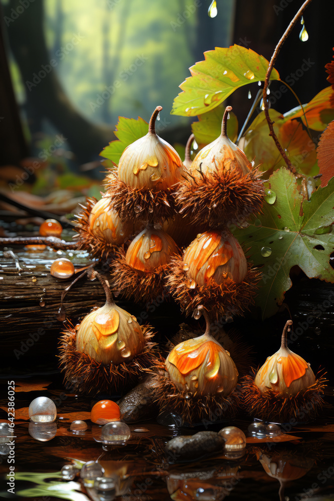 Aufkleber acorns resting on a fall leaf in autumn,  Generative AI technology.