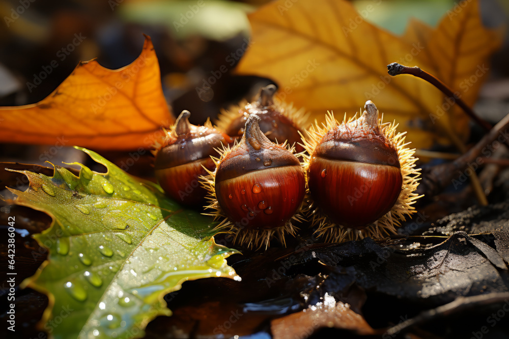 Poster acorns resting on a fall leaf in autumn,  Generative AI technology.