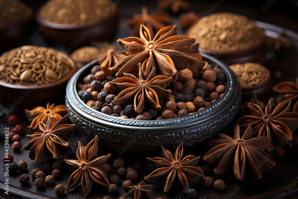 Poster the star of anise and dried pepper with cinnamon sticks on a dark coloured table, generative ai tech
