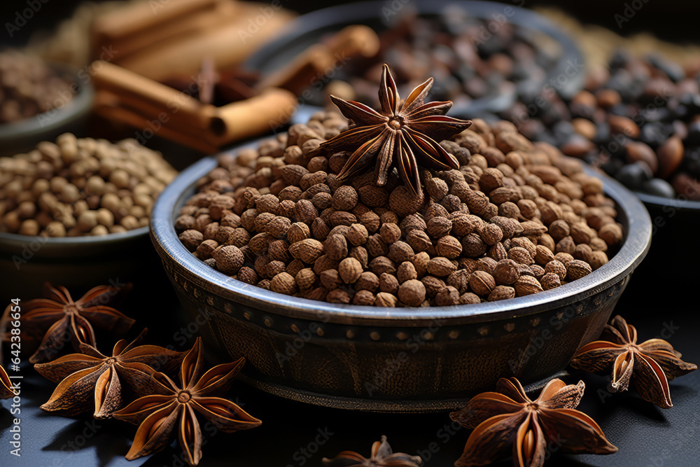 Poster the star of anise and dried pepper with cinnamon sticks on a dark coloured table, generative ai tech