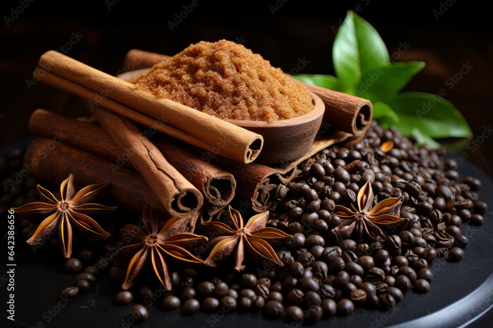 Aufkleber the star of anise and dried pepper with cinnamon sticks on a dark coloured table, generative ai tech