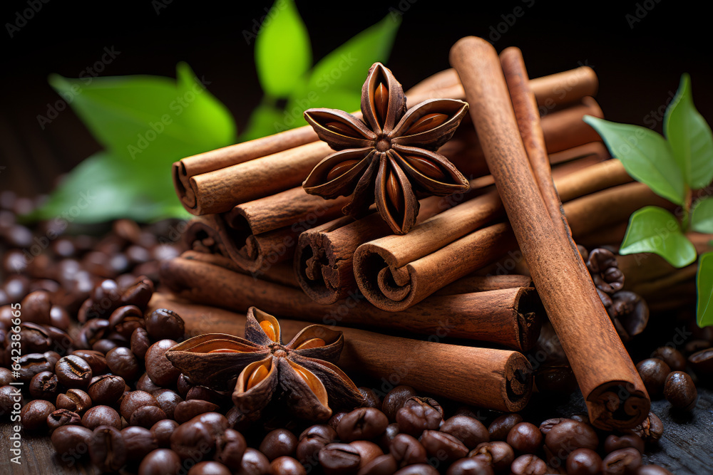 Aufkleber the star of anise and dried pepper with cinnamon sticks on a dark coloured table, generative ai tech
