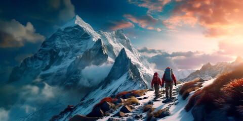 climbers ascending a snow-capped peak, showcasing human connection with nature. Generative AI - obrazy, fototapety, plakaty