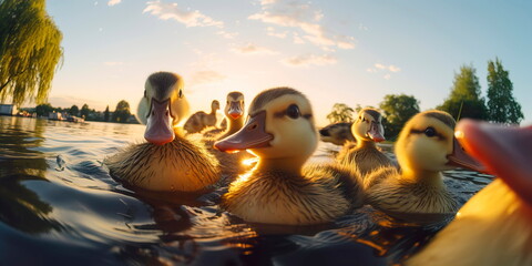 ducklings on the lake ,tenderness and care for animals. Generative AI - obrazy, fototapety, plakaty