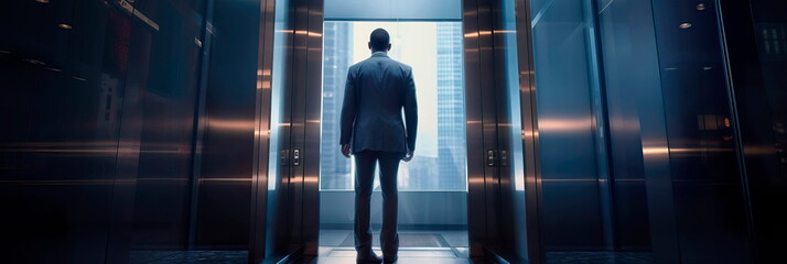 person delivering an elevator pitch to potential investors inside a moving elevator . Generative AI