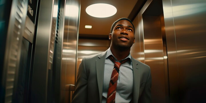 person delivering an elevator pitch to potential investors inside a moving elevator . Generative AI