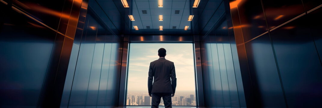 person delivering an elevator pitch to potential investors inside a moving elevator . Generative AI