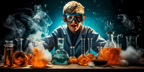 Fotobehang little scientist experimenting with chemical reactions in his laboratory. Generative AI © Лилия Захарчук