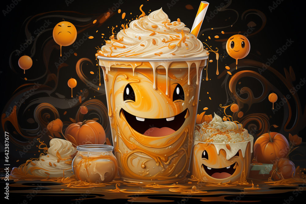 Poster an animated latte is seen with pumpkins and cream, generative ai technology.