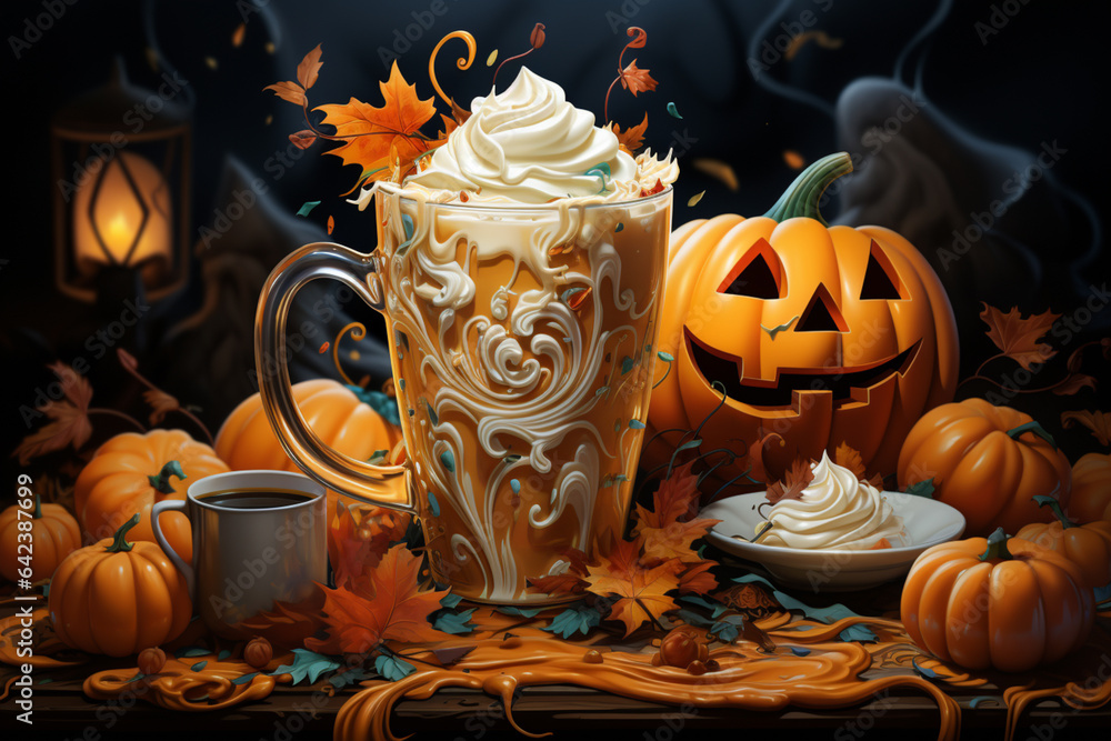 Aufkleber an animated latte is seen with pumpkins and cream, Generative AI technology.