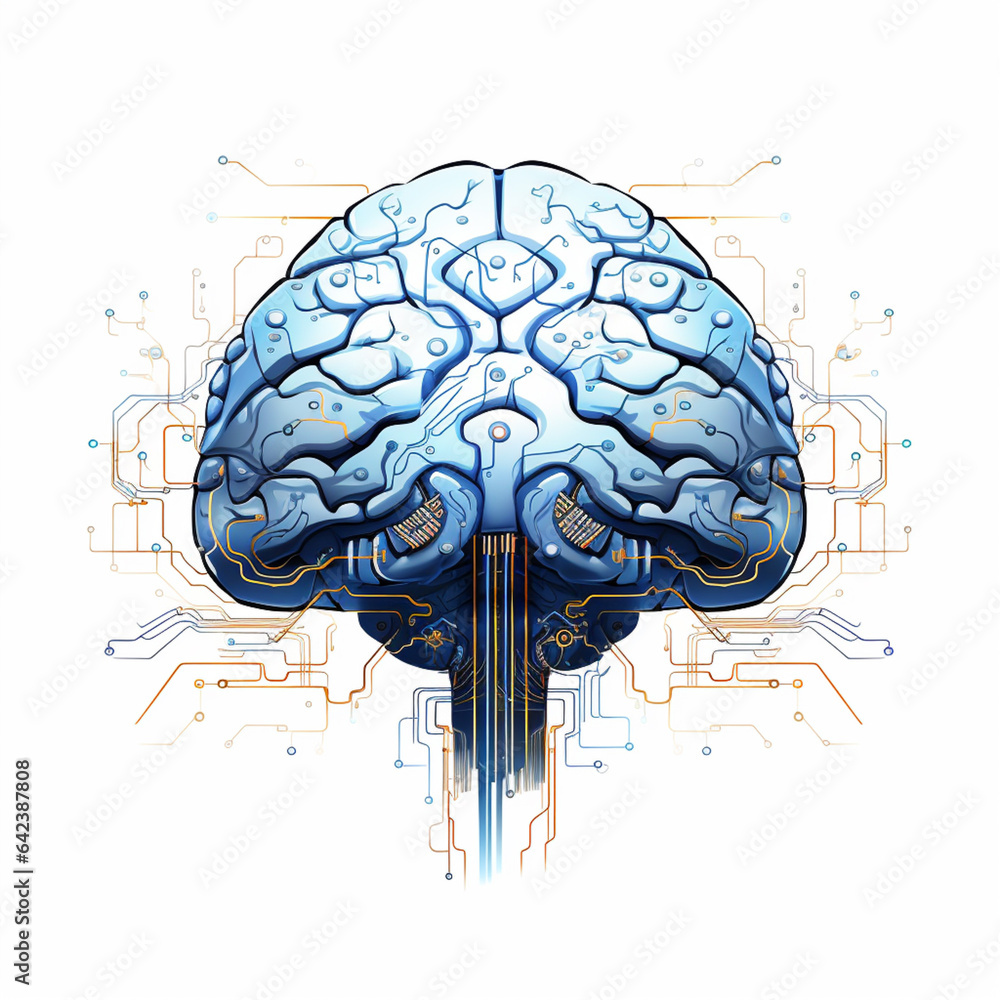 Poster art illustration of a stylized human brain merged with circuitry, symbolizing the synergy of ai and 