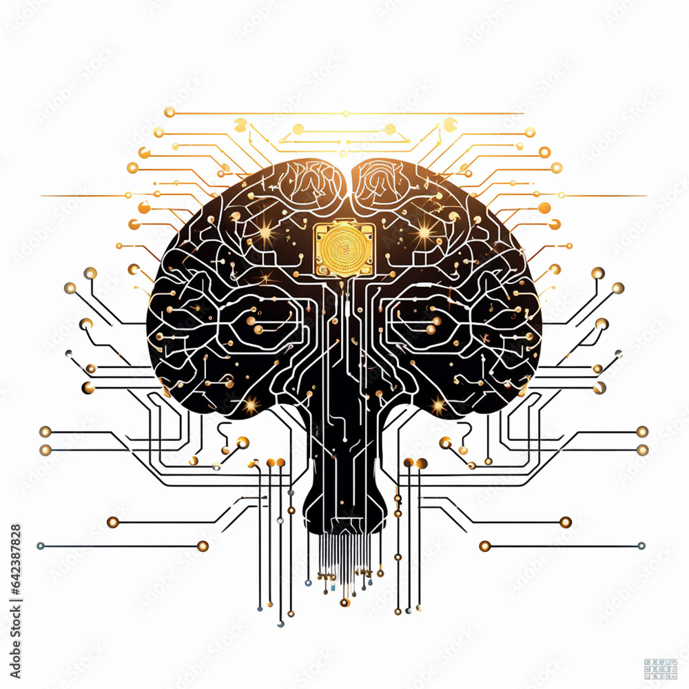 Poster art illustration of a stylized human brain merged with circuitry, symbolizing the synergy of ai and 