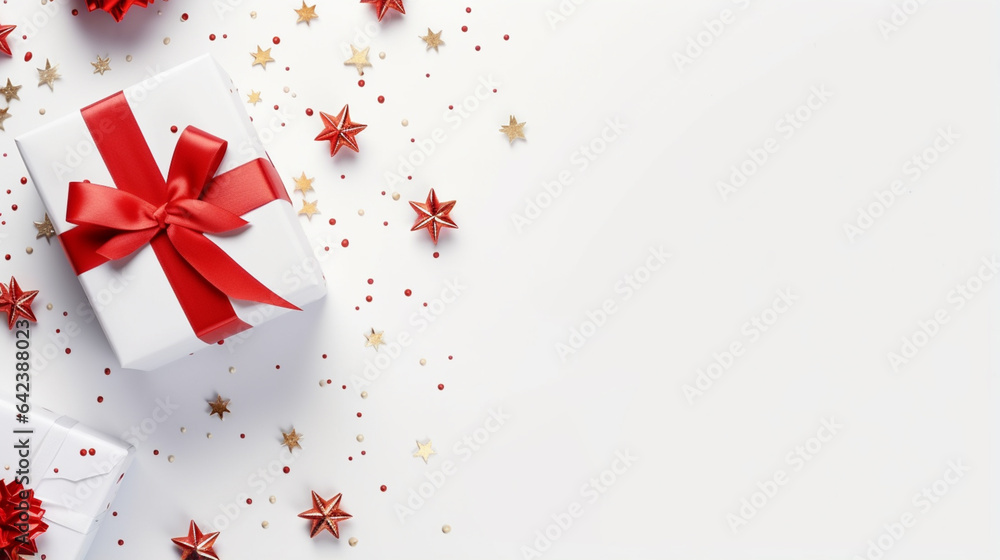 Poster Christmas gift box with white background top view  Generative AI technology.