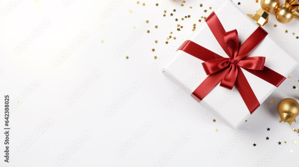 Aufkleber Christmas gift box with white background top view  Generative AI technology.