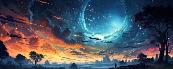 Starry Night anime inspired night sky in vast galaxy with multiple moons 