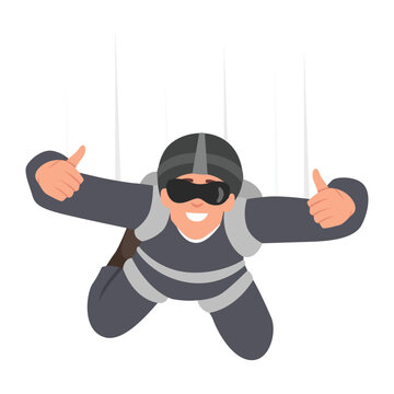 Man skydiver hangs in sky and shows two hands thumbs up after jumping from airplane. Flat vector illustration isolated on white background