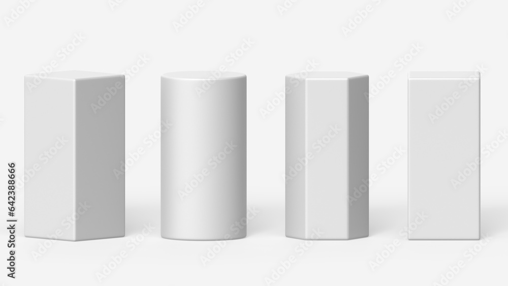 Aufkleber white 3d render pillar podium. cylinder, square and hexagon column platform set, empty display stage