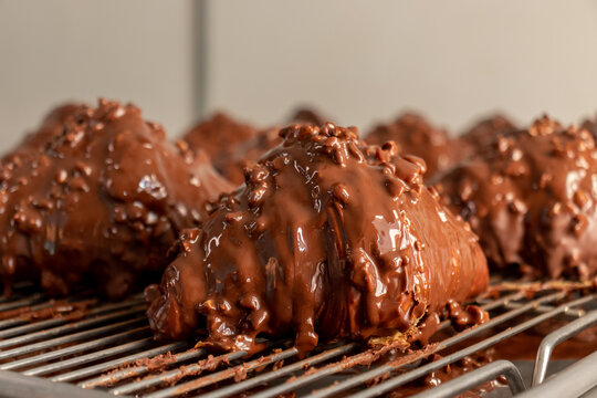 Delicious chocolate hazelnut on bread over grill