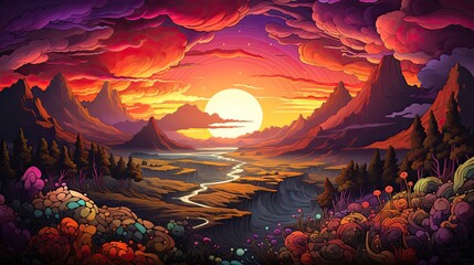 Psychedelic art landscape with sunset and mountains sky