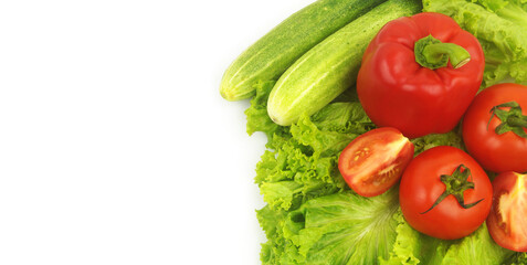 Cucumbers, pepper and tomatoes on salad leaves background isolated on white. Copy space for text.	