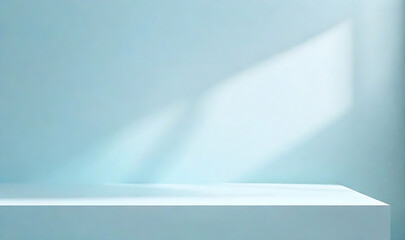 Minimal abstract light blue background for product presentation. Shadow and light from windows on plaster wall AI
