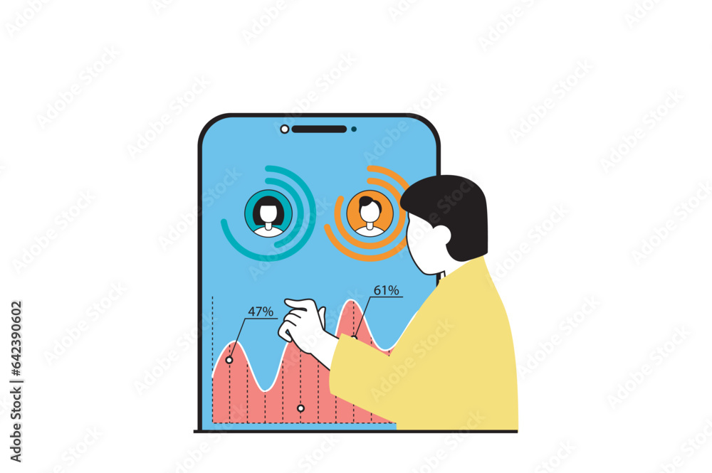 Poster Digital marketing concept with people scene in flat web design. Man analyzing sales statistics in mobile app and makes advertising. Vector illustration for social media banner, marketing material.