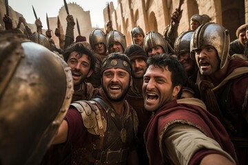 Fototapeta premium group of huddled roman soldiers taking a selfie