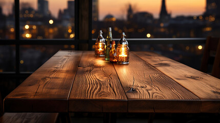 Rustic wooden table in a cozy restaurant setting - obrazy, fototapety, plakaty