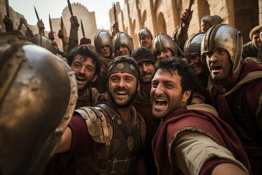 Group Of Huddled Roman Soldiers Taking A Selfie