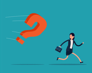 Fototapeta premium Run a way from a huge question mark. Business challenge concept. Vector illustration in cartoon style