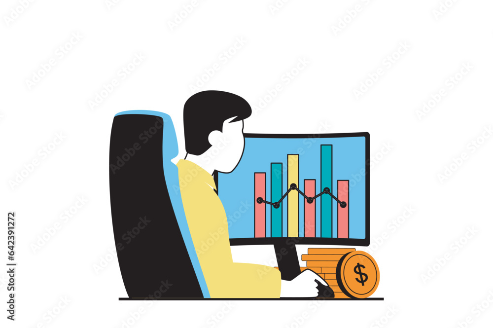 Poster digital marketing concept with people scene in flat web design. man analyzing business statistics wi