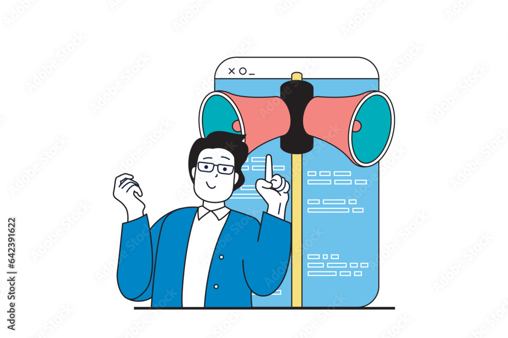 Aufkleber digital marketing concept with people scene in flat web design. man promoting business and makes adv