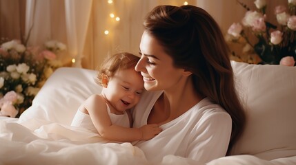 relaxed smile and a mother with her baby for playful love